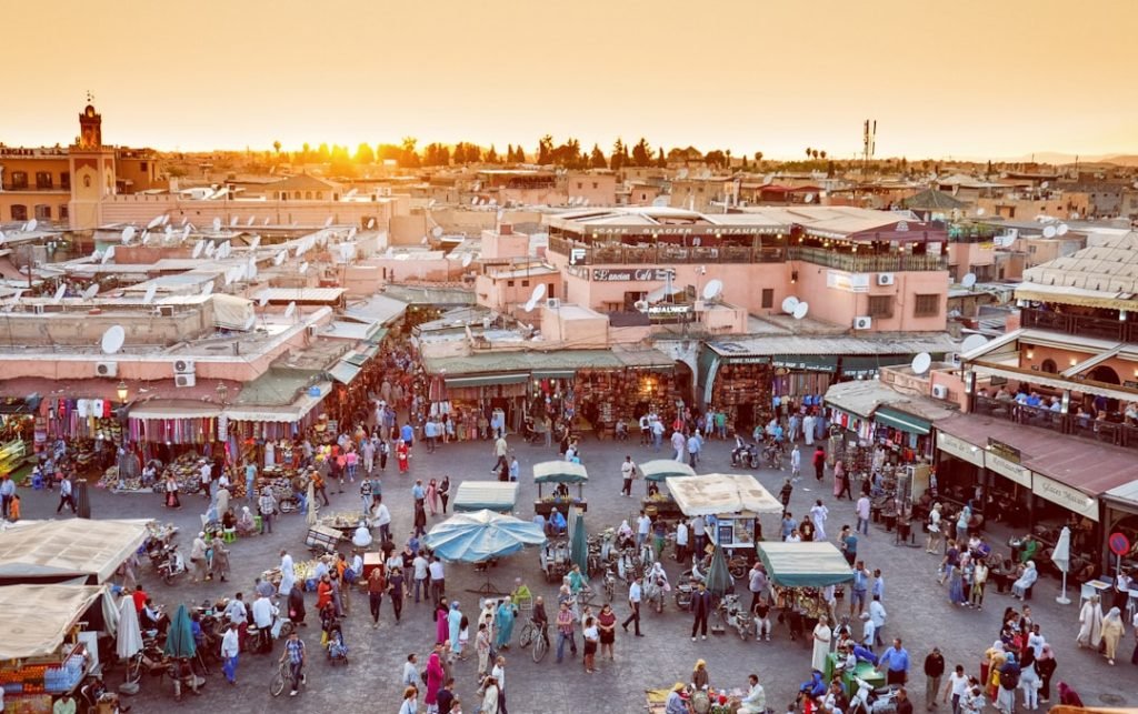 Marrakech biggest market in Morocco. Jama el Fna traditional market and Marrakech city symbol